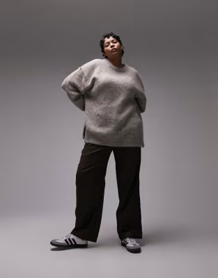 Topshop Curve knitted exposed seam fluffy crew neck sweater in mushroom | ASOS (Global)