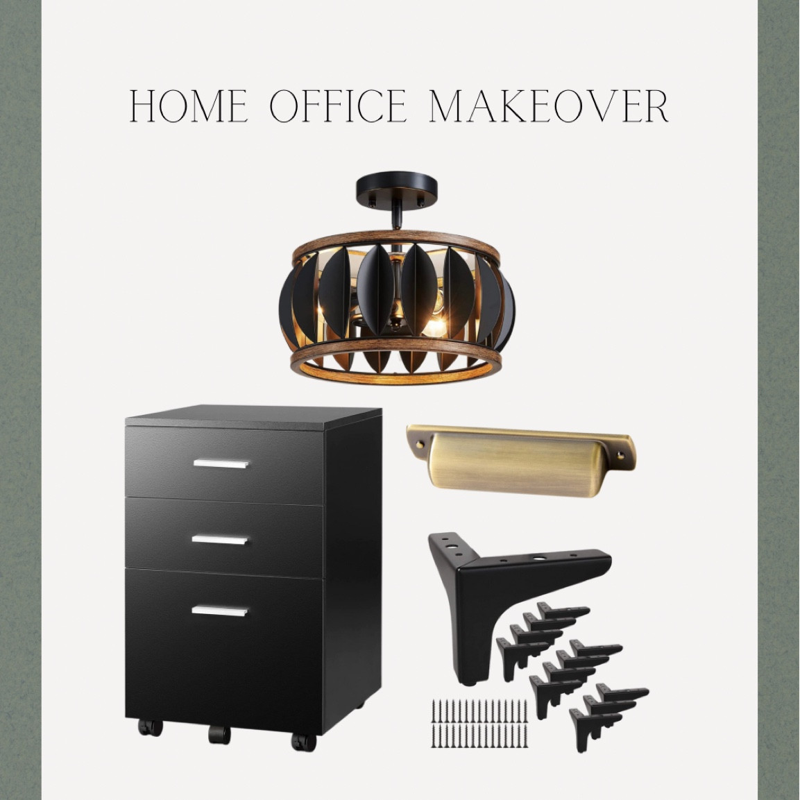 Home office makeover, office semi-flush mount ceiling light, wooden file cabinet, antique bronze hardware, cabinet legs

#LTKhome #LTKfamily #LTKunder100