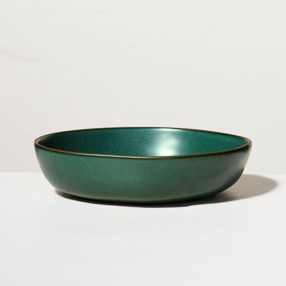 Stoneware Exposed Rim Shallow Serve Bowl Matte Dark Green - Hearth & Hand™ with Magnolia | Target