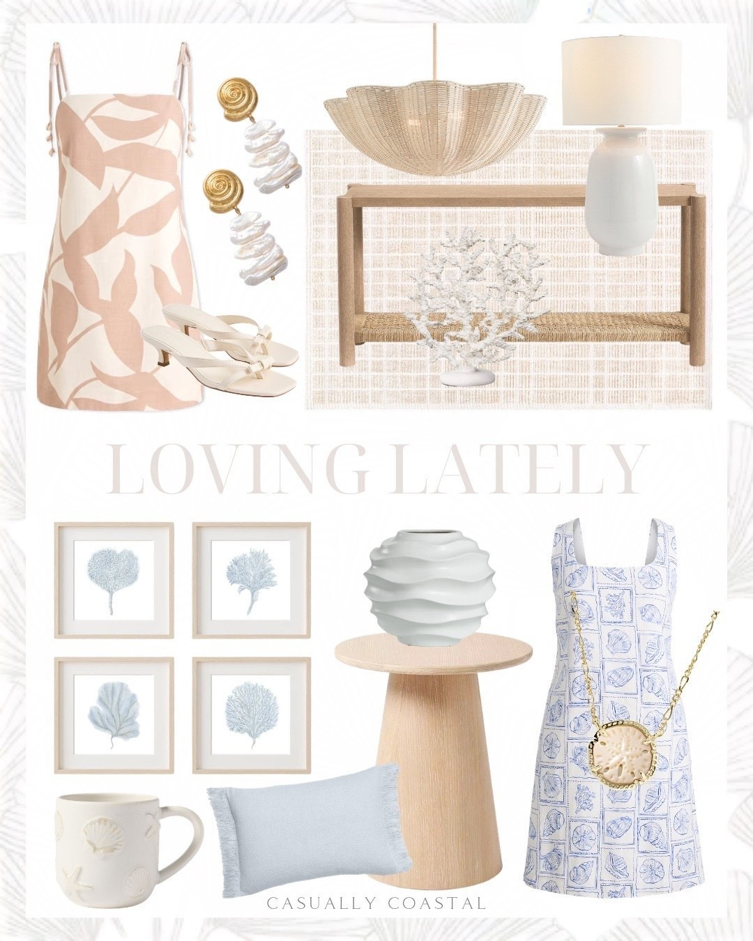 Loving Lately

Coastal home, coastal dress, summer dress, linen squareneck shift dress, sand dollar gold necklace, bow kitten heel sandals, flip flop kitten heels, abstract floral mini dress, gold and pearl earrings, woven console table, woven scalloped pendant, XL coral figural, coastal side table, Serena & lily side table, Etsy wall art, coastal wall art, seaweed artwork, textured fringe pillow cover, ceramic tall table lamp, pottery barn mug, embossed coastal stoneware mug, table vase, woven rug, coastal rug, wayfair rug

#LTKSeasonal #LTKHome