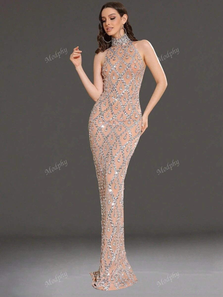 Modphy Modphy Luxury Sparkling Crystal Rhinestone Stand Collar Mesh Bodycon Dress, Formal Bridesm... | SHEIN