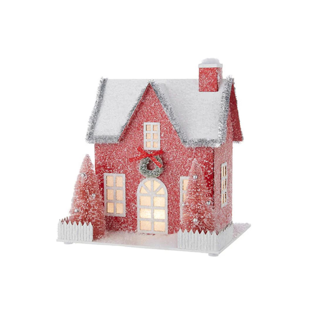 9.5" Red Lighted Paper House | Pink Antlers