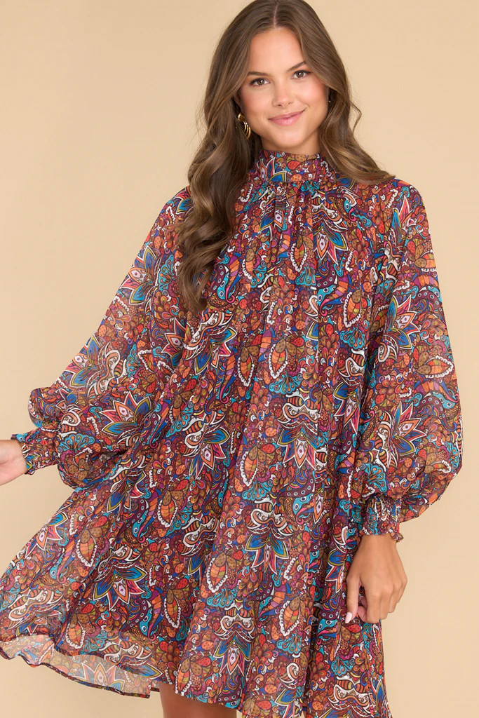 Just Like Family Burgundy Multi Print Dress | Red Dress 