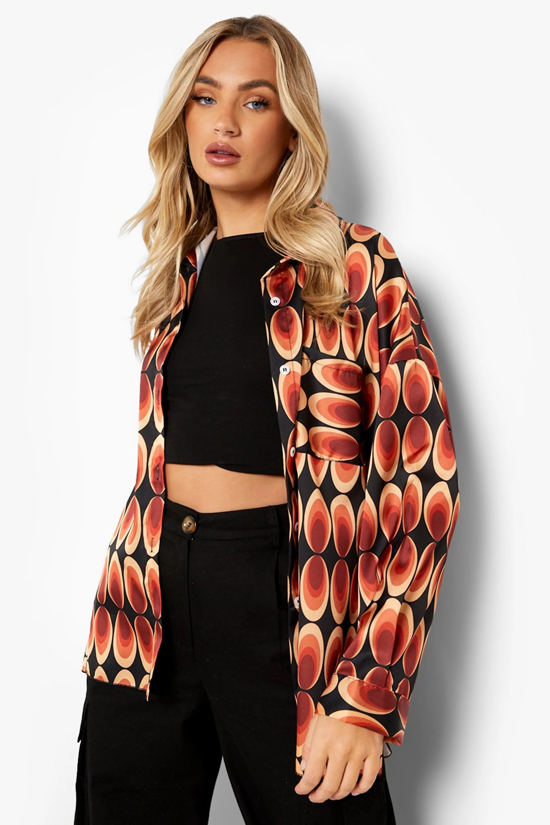 Abstract Printed Satin Oversized Shirt | Boohoo.com (US & CA)
