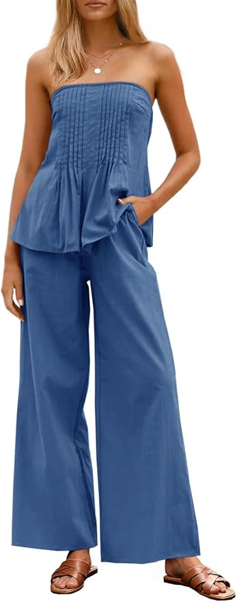 Tankaneo Womens 2 Piece Outfits Summer Strapless Tube Tops Wide Leg Pants Vacation Pleated Matchi... | Amazon (US)
