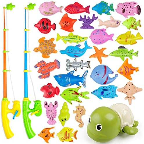 AUUGUU Magnetic Fishing Game Water Toy - 2 Fishing Poles, 1 Wind Up Swimming Turtle and 30 Colorf... | Amazon (US)