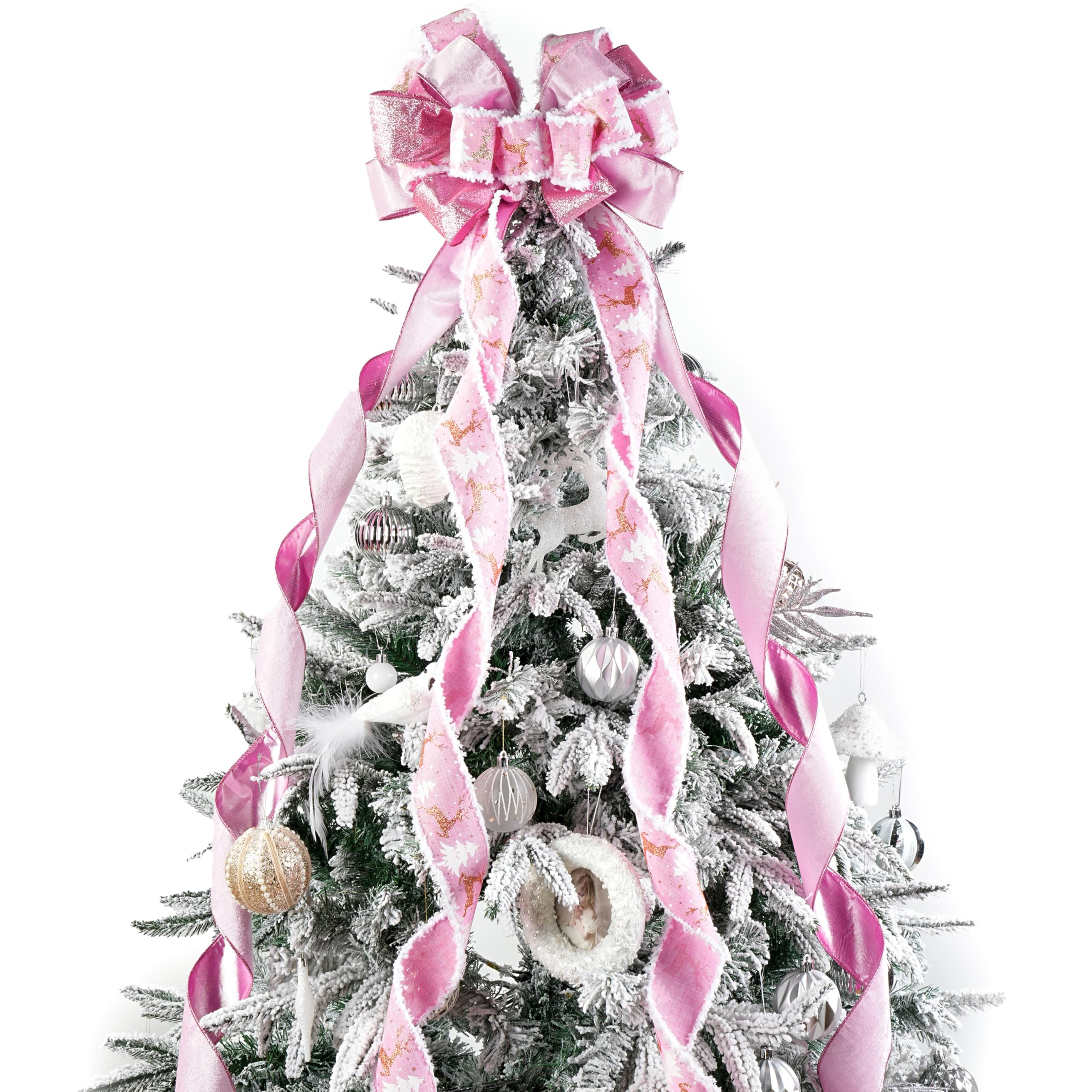 Pink Christmas Tree Topper Bow 13 x 53 Inch Large With Streamer and Reindeer Patterns - Decorativ... | Amazon (US)