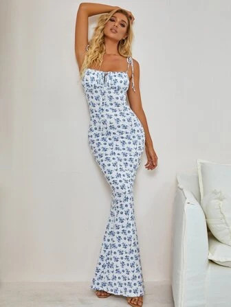 PARTHEA Tie Shoulder Fishtail Hem Floral Print Maxi Prom Dress | SHEIN