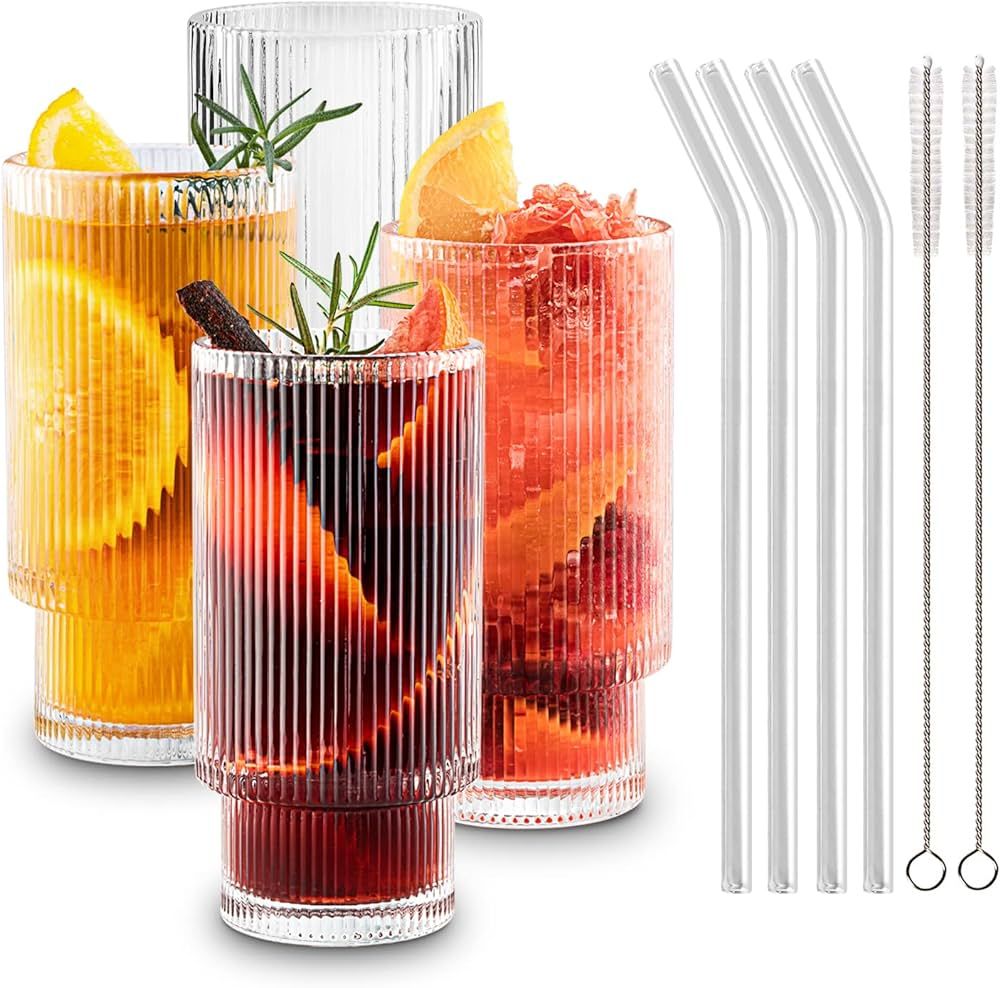 Gracenal Ribbed Glass Cups with Straws 12oz, Drinking Glasses Set of 4, Cocktail Glasses, Vintage... | Amazon (US)