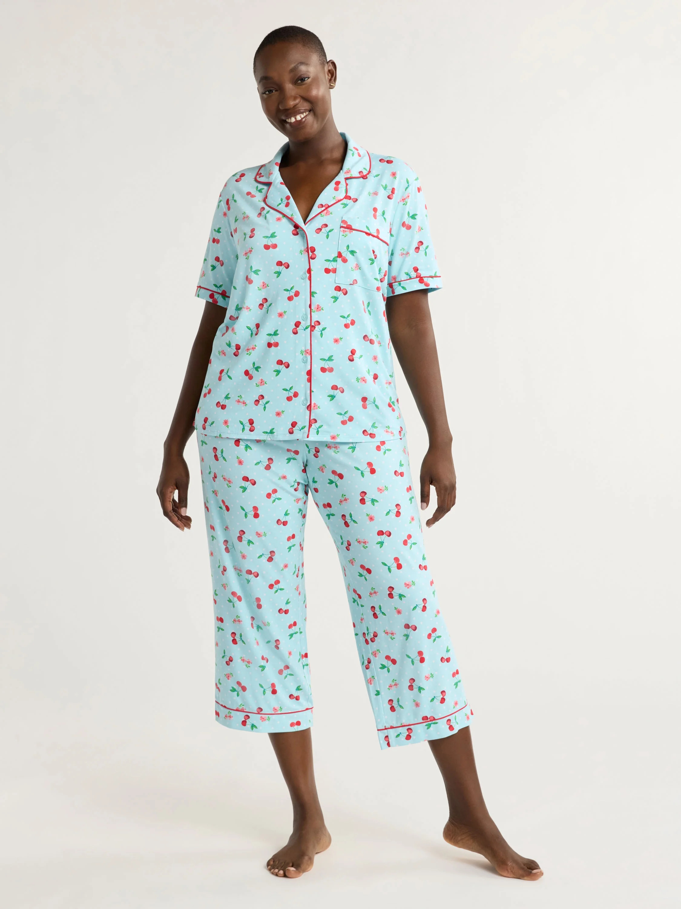 Joyspun Women's and Women’s Plus Jersey Notch Collar Top and Capri Pants Pajama Set, 2-Piece, S... | Walmart (US)
