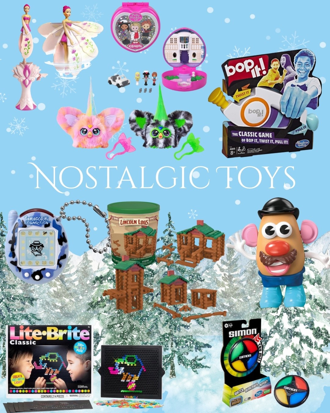 Nostalgic Toys for kids for Christmas Polly Pocket Lincoln Logs Furby Tamagotchi Lite Brite BopIt Mr Potato Head 

#LTKKids #LTKGiftGuide #LTKCyberWeek