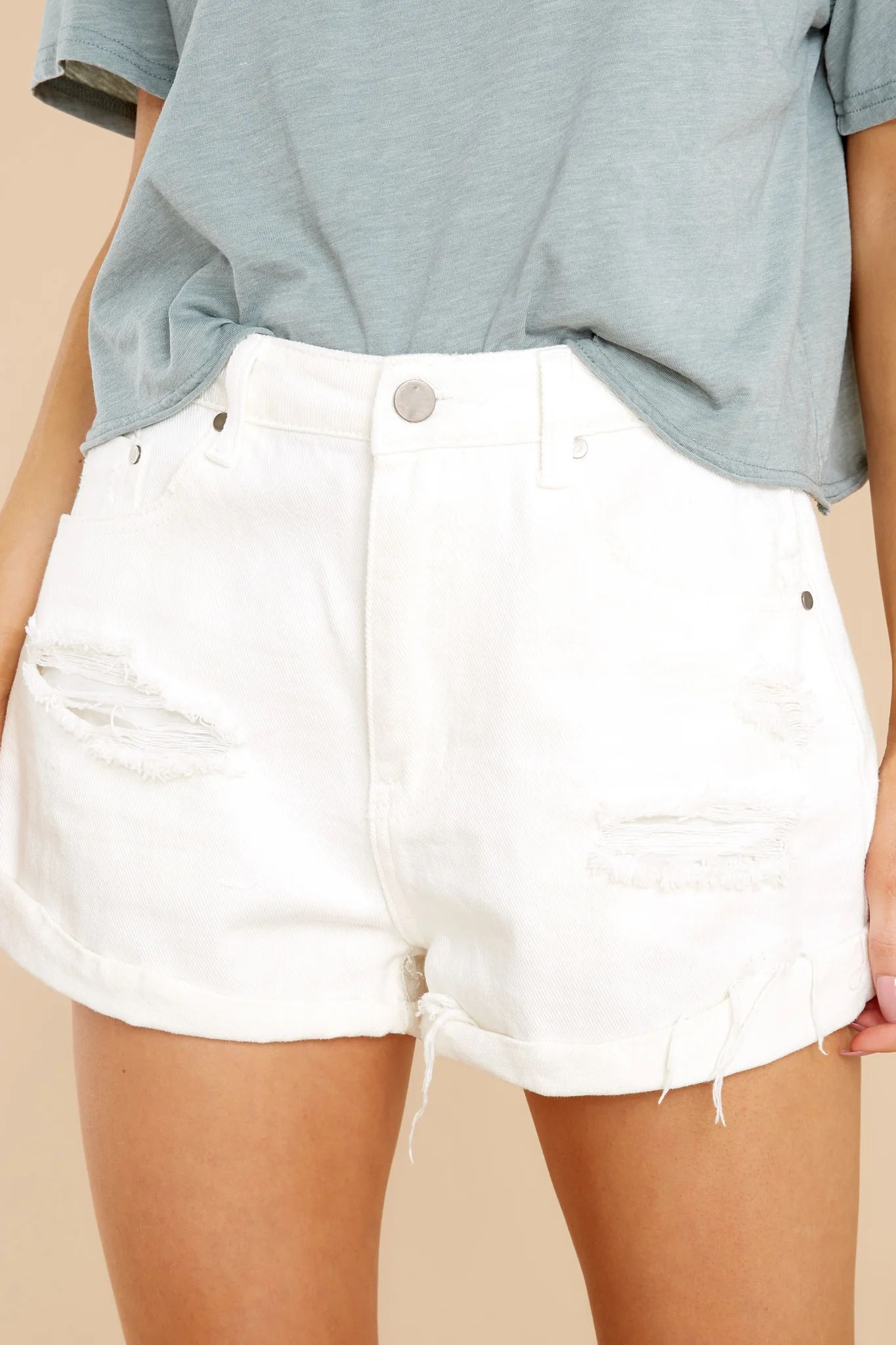 Tell Me More White Distressed Denim Shorts | Red Dress 