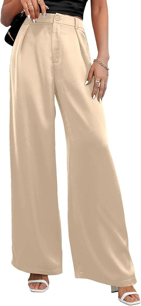Women's High Waist Satin Wide Leg Pants Casual Work Office Faux Silk Long Trousers with Pockets | Amazon (US)