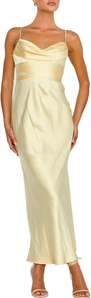 Women's Satin Spaghetti Strap Cowl Neck Backless Midi Wedding Guest Dress Ruched Sleeveless Tie S... | Amazon (US)