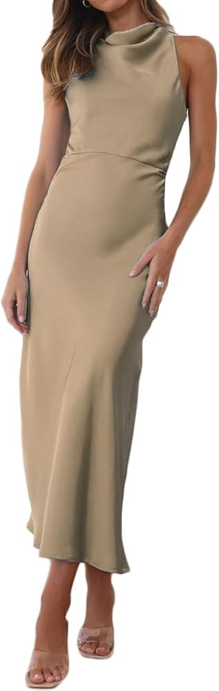 Halfisland Satin High Neck Backless Sleeveless Midi Dresses for Women Elegant Mock Neck High Wais... | Amazon (US)