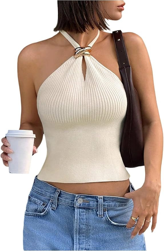 Verdusa Women's Sexy Ribbed Halter Tops Sleeveless Cropped Going Out Tops for Date Night | Amazon (US)