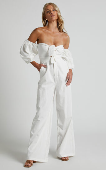 Maja Jumpsuit - Front Tie Off Shoulder Jumpsuit in Off White | Showpo (US, UK & Europe)