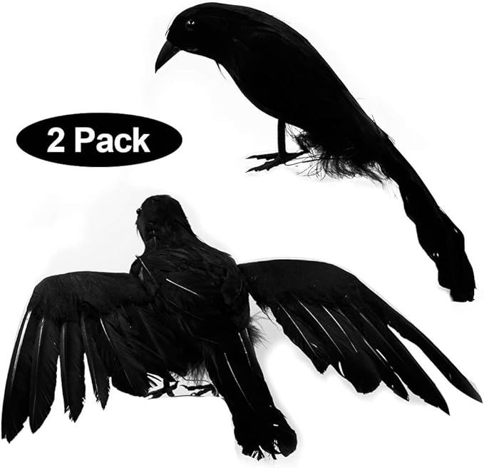 Optimisland Halloween Black Feathered Crows, Realistic Looking Halloween Decoration Birds, 2 Pack | Amazon (US)