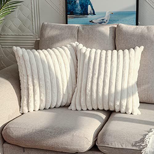 DEELAND Pack of 2 Faux Fur Plush Decorative Throw Pillow Covers Fuzzy Striped Soft Pillowcase Cushio | Amazon (US)