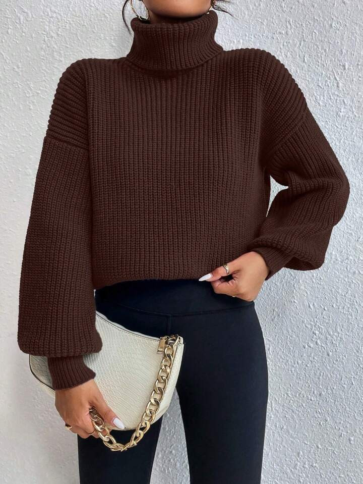 SHEIN Franclia Casual High Collar Loose Ribbed Knit Drop Shoulder Sweater For Autumn/Winter | SHEIN