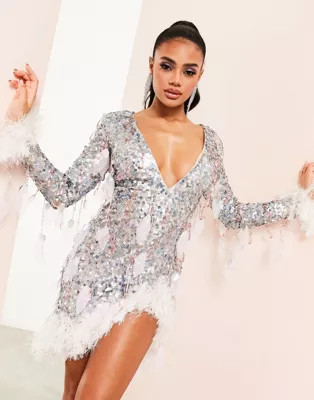 ASOS LUXE plunge neck asymmetric sequin mini dress with feather detail in silver | ASOS (Global)