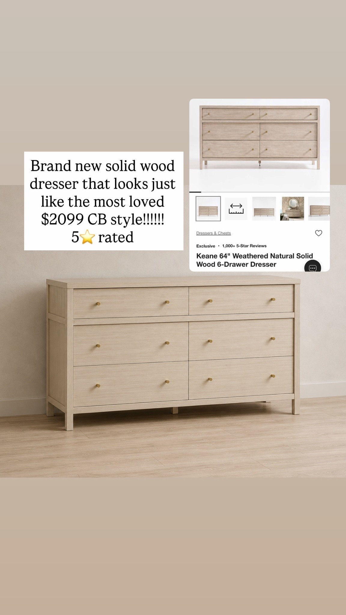 Brand new solid wood dresser that looks just like the most loved $2099 CB style!!!!!! 5⭐️ rated

#LTKHome #LTKSaleAlert #LTKmorningroutine