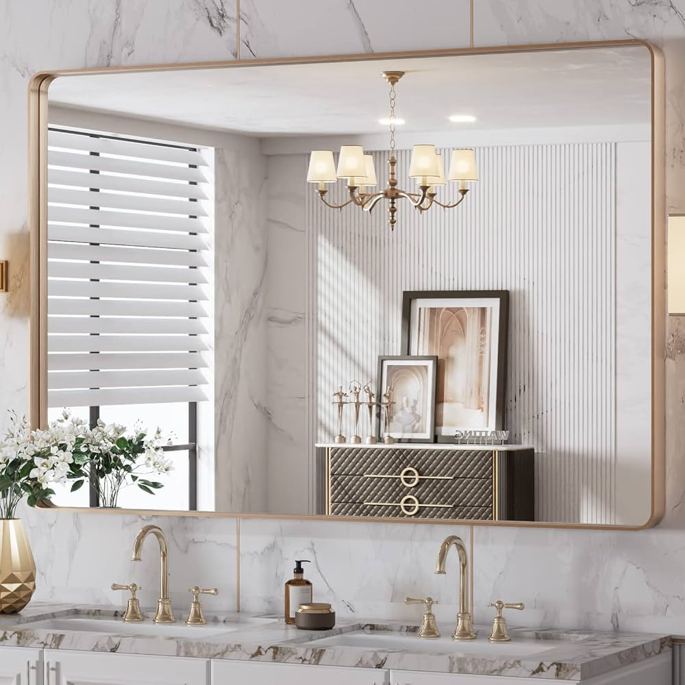 LOAAO 48”X32” Gold Bathroom Mirror, Rounded Rectangle Gold Frame Mirror, Brushed Gold Bathroo... | Amazon (US)