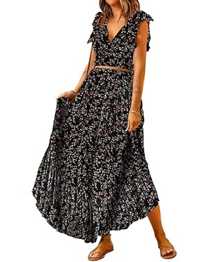 Dokotoo Women's Boho Dress Deep V Neck 2 Piece Skirt Sets Ruffle Cap Sleeve Tie Waist Wrap Chiffo... | Amazon (US)