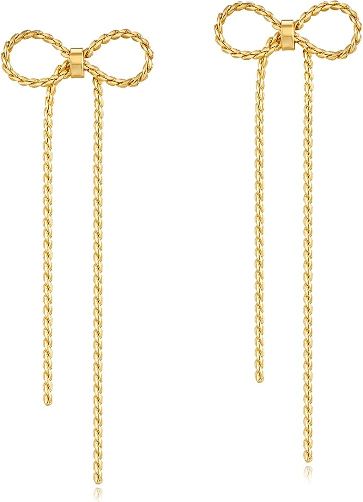 YUJIE Gold Bow Earrings for Women Teen Pink Bowtie Dainty Long Tassel Drop Stud Trendy Statement ... | Amazon (US)
