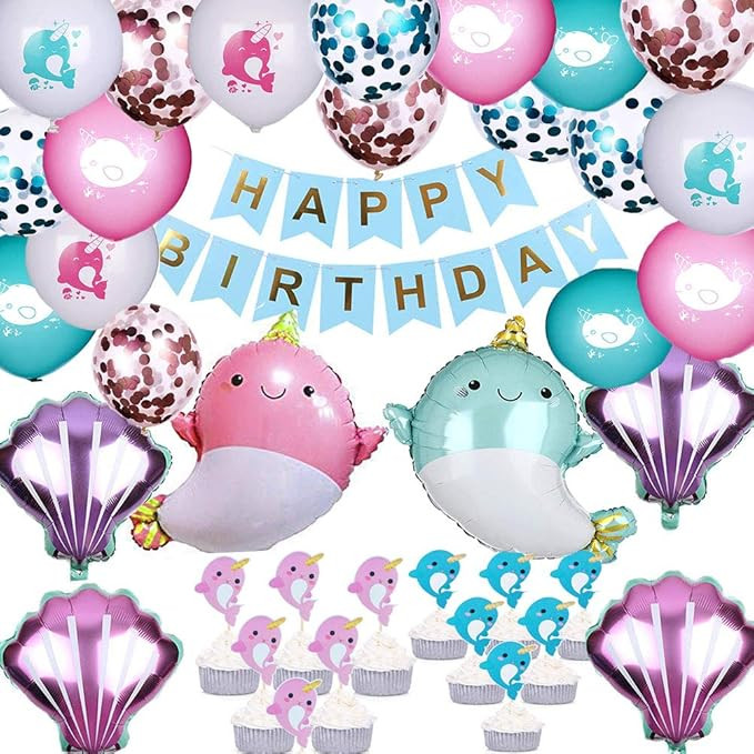 Narwhal Birthday Party Supplies Kit, Narwhal Theme Decorations Include Narwhal Ballons, Cupcake T... | Amazon (US)
