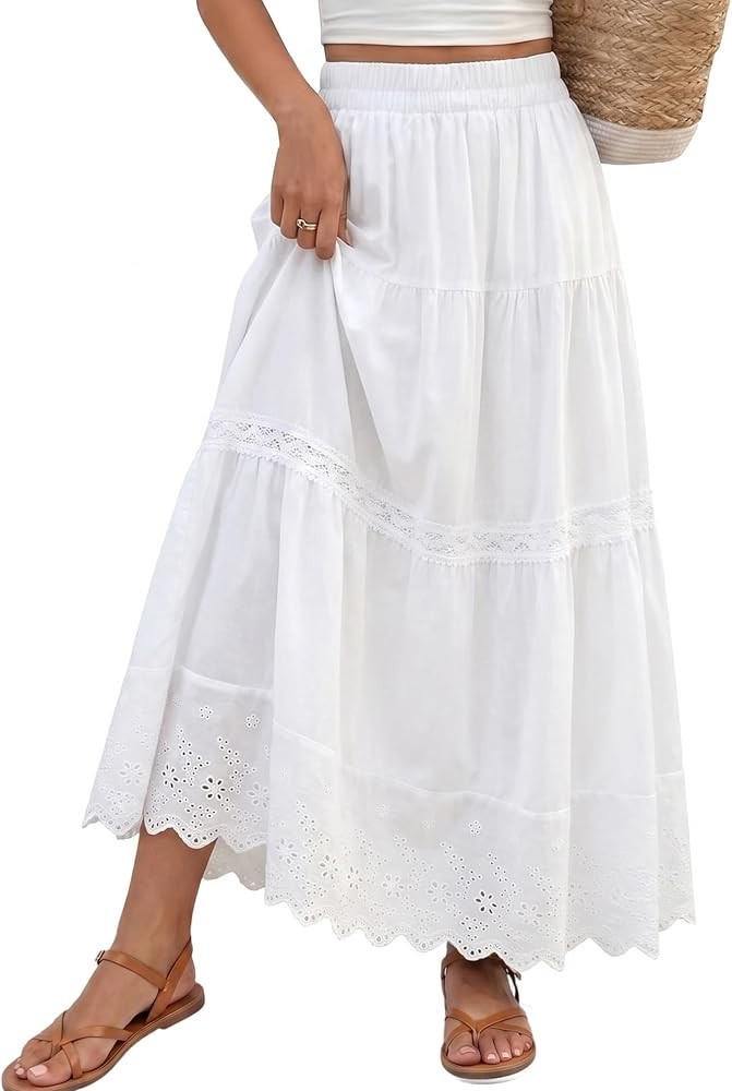 Womens Maxi Skirt Boho Summer Flowy Tiered Elastic High Waisted A Line Long Skirts Trendy Beach V... | Amazon (US)