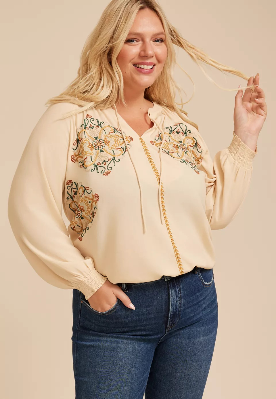 Maurices Plus Size Women's Embroidered Tie Front Peasant Blouse | Maurices