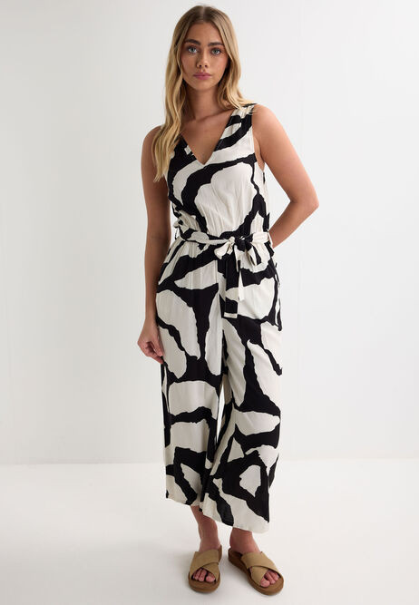 Womens Black & White Leaf Print Jumpsuit | Peacocks