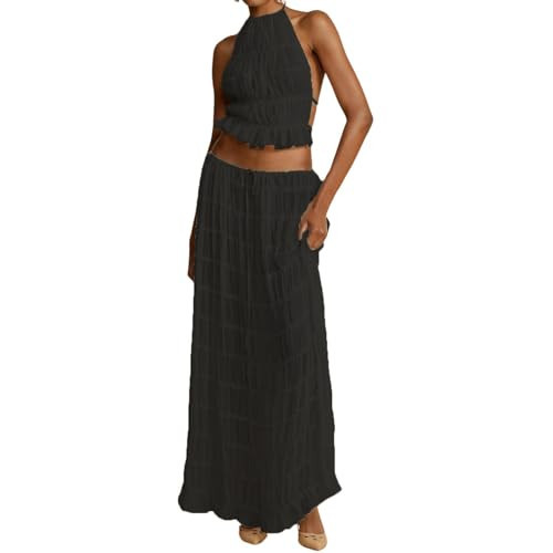 Women Two Piece Maxi Skirt Set Y2k Sleeveless Crop Cami Top Ruffle Tiered Flowy Long Skirt Vacation Beach Outfits (A3-Tiered Black, S) | Amazon (US)