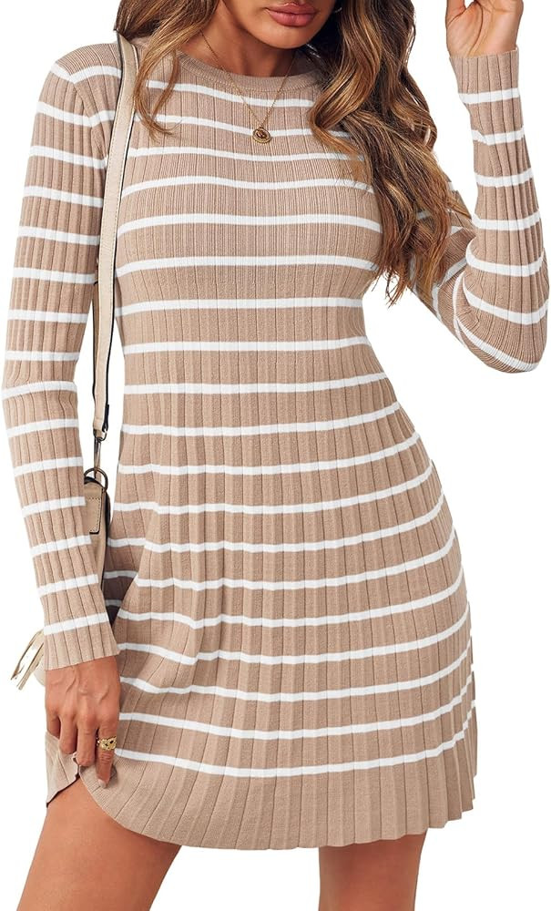 Wenrine Womens Striped Sweater Dress Casual Long Sleeve Loose Ribbed Knit Mini Dresses | Amazon (US)