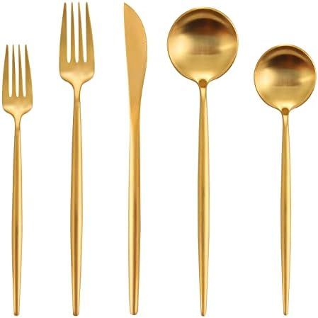 Matte Gold Silverware Set for 4, IBIILII JEFF 20 Pieces Stainless Steel Flatware Set，Kitchen Ut... | Amazon (US)