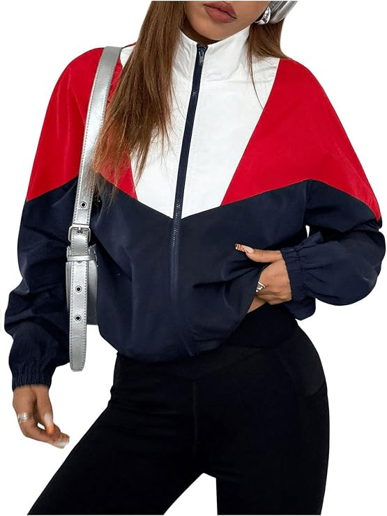 Verdusa Women's Colorblock Lightweight Jacket Streetwear Stand Collar Zip Up Outerwear | Amazon (US)