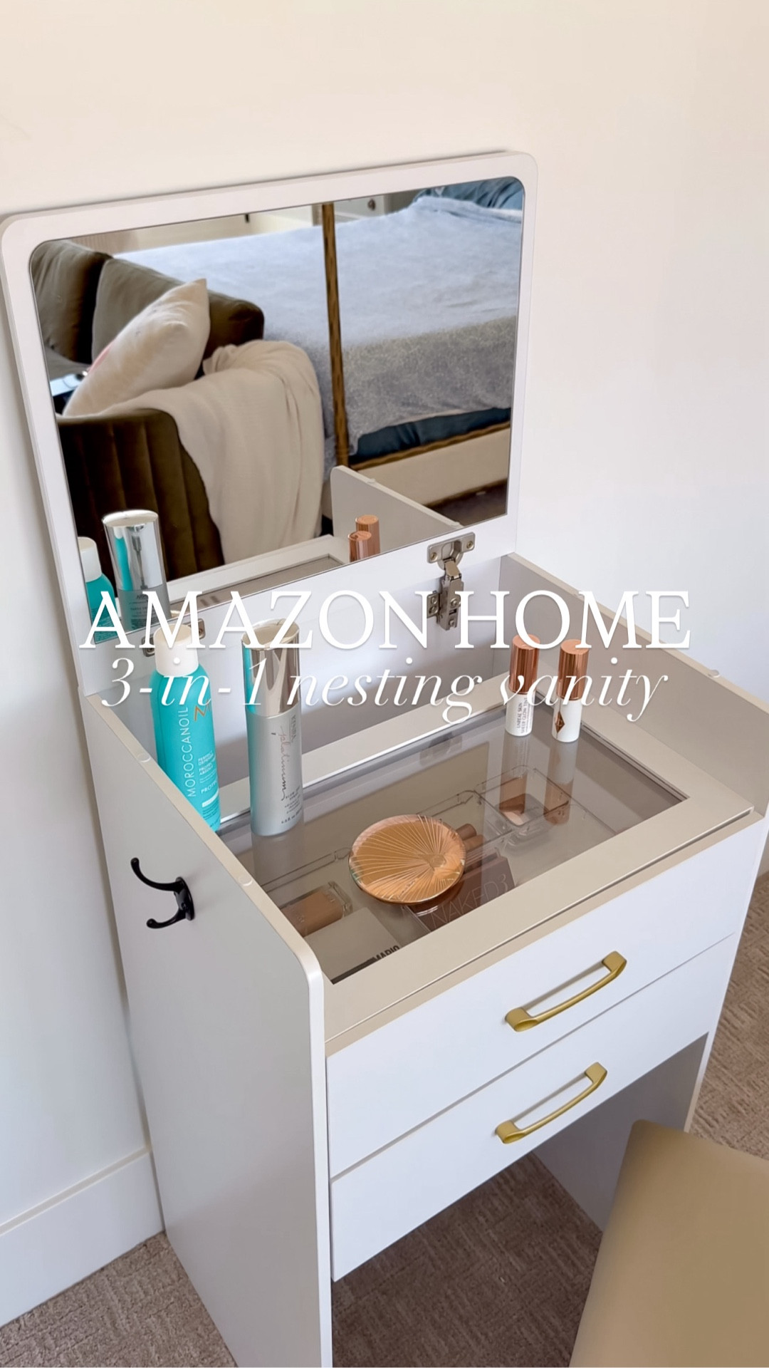 This compact nesting vanity has a mirror, storage, seat, and even hooks to hold purses or wrapped up hot tools! 💄It’s perfect for small spaces because it nests down to a small table you can decorate! 💕

#amazonhome #forher #amazonbeauty #asmr #thesistershoppers

#LTKselfcare #LTKmorningroutine #LTKBeauty