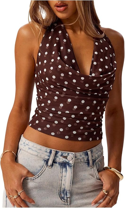 MakeMeChic Women's Polka Dots Halter Top Y2k Going Out Tops Backless Deep V Cowl Neck Tops | Amazon (US)