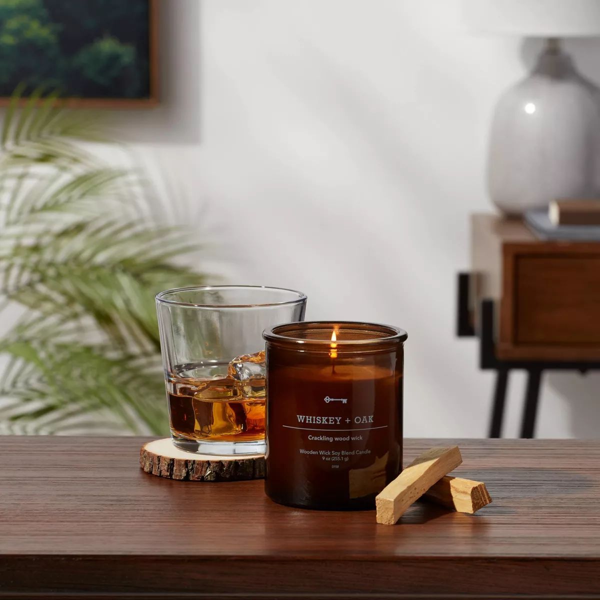 Amber Glass Whiskey + Oak Lidded Wood Wick Jar Candle 9oz - Threshold™ | Target