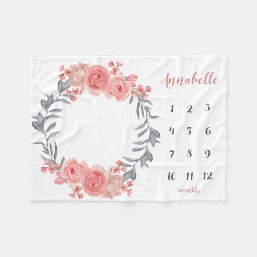 Sweet Pink Blush Floral Wreath Baby Girl Milestone Fleece Blanket | Zazzle