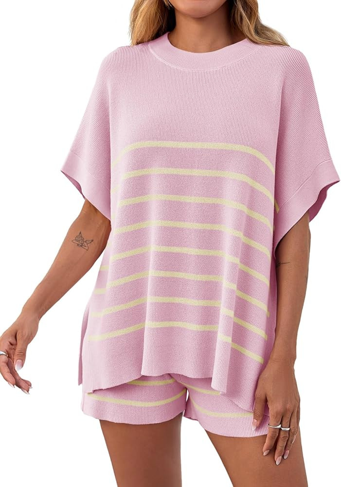 Fisoew Women's Striped 2 Piece Outfits Oversized Batwing Short Sleeve Tops High Waisted Shorts Su... | Amazon (US)