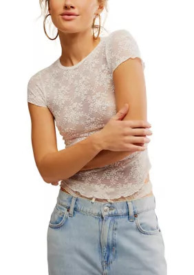 Free People Women's Ready to Go Lace T-Shirt, Ivory, Medium | Belk