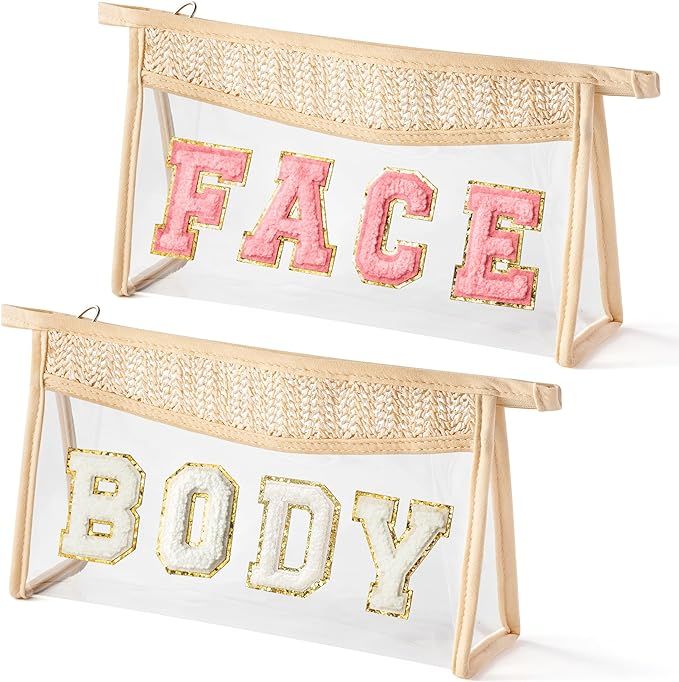 Boho Patch Cosmetic Bags - 2Pcs Summer Pink FACE White BODY Chenille Varsity Letter Clear Toiletr... | Amazon (US)
