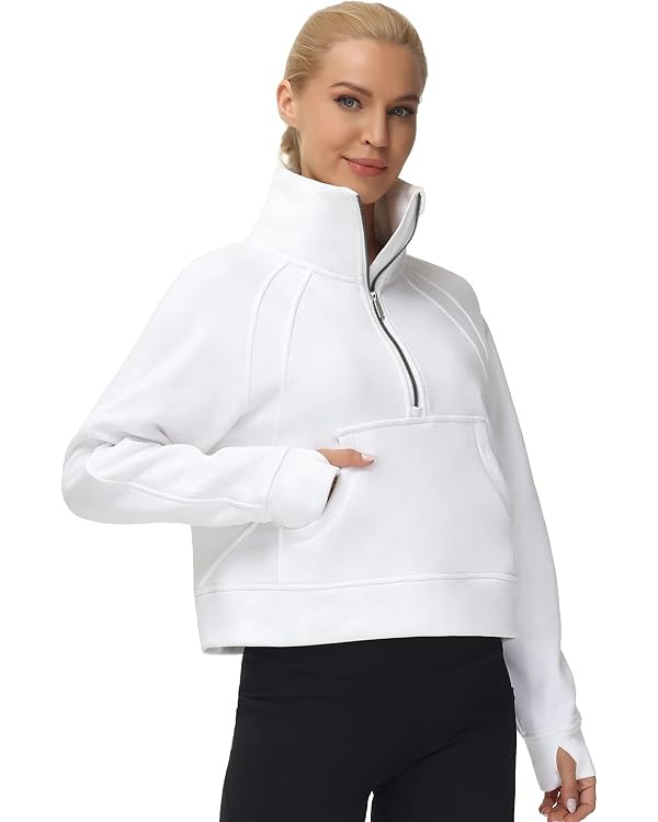 THE GYM PEOPLE Womens' Half Zip Pullover Fleece Stand Collar Crop Sweatshirt with Pockets Thumb H... | Amazon (US)