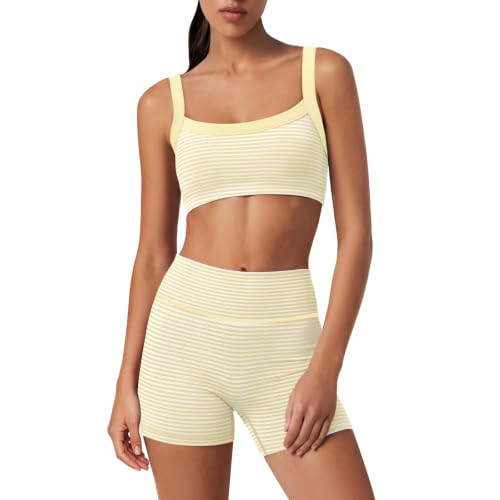 Womens Striped Workout Set Two Piece Double Layered Athletic Sets Yellow | Amazon (US)