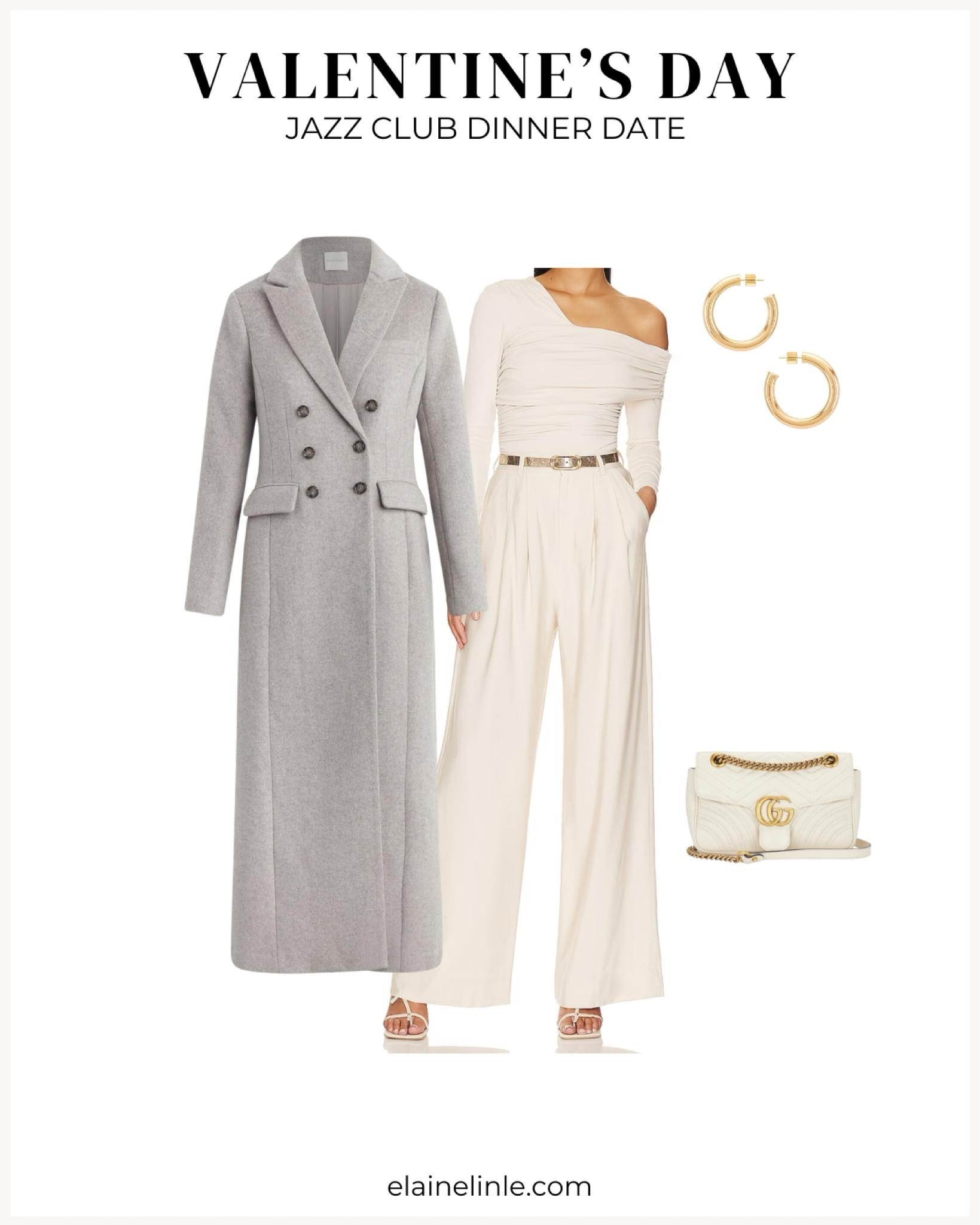 Valentine's Day date night outfit for Jazz club and a dinner. Long tailored coat, ivory outfit, classy outfit. Dressy winter outfit  