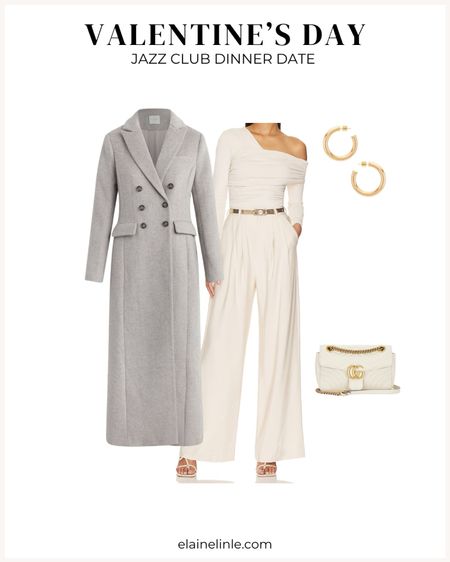 Valentine's Day date night outfit for Jazz club and a dinner. Long tailored coat, ivory outfit, classy outfit. Dressy winter outfit  