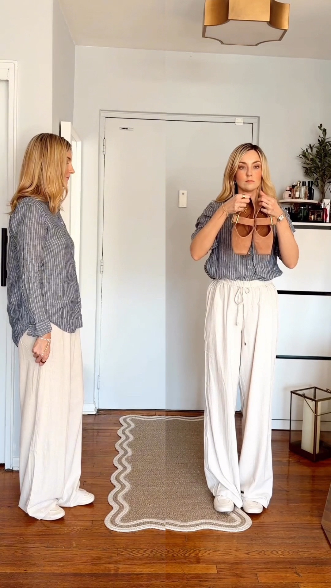 SAVE THIS for later 💙 This outfit doesn't look off - it's missing structure. Here's what I changed: defined the waist, added a layer for dimension, adjusted proportions. Same clothes. Completely different effect. 

Blue shirt styling • outfit fixes • style hack • outfit idea • how to style • linen pants • summer look • @Quince  essentials 

#LTKSeasonal #LTKTall #LTKSaleAlert