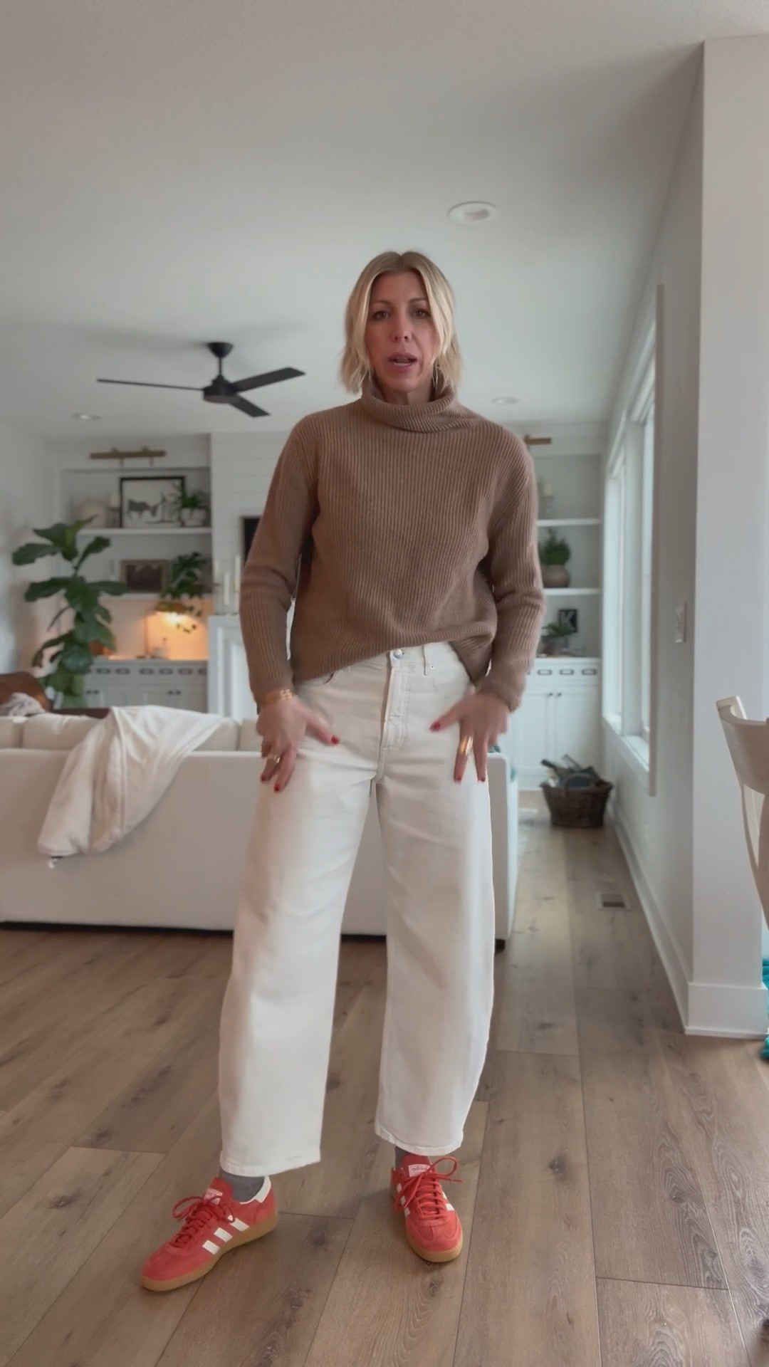 Off white jeans are a huge trend for 2025 & I love how they can be worn now in winter with a cozy sweater & later this spring/summer with a blouse or tank! 
These fit true to size (I’m 5’10”) & wearing a 28 in the 29” inseam length 

#LTKOver40 #LTKWatchNow #LTKStyleTip